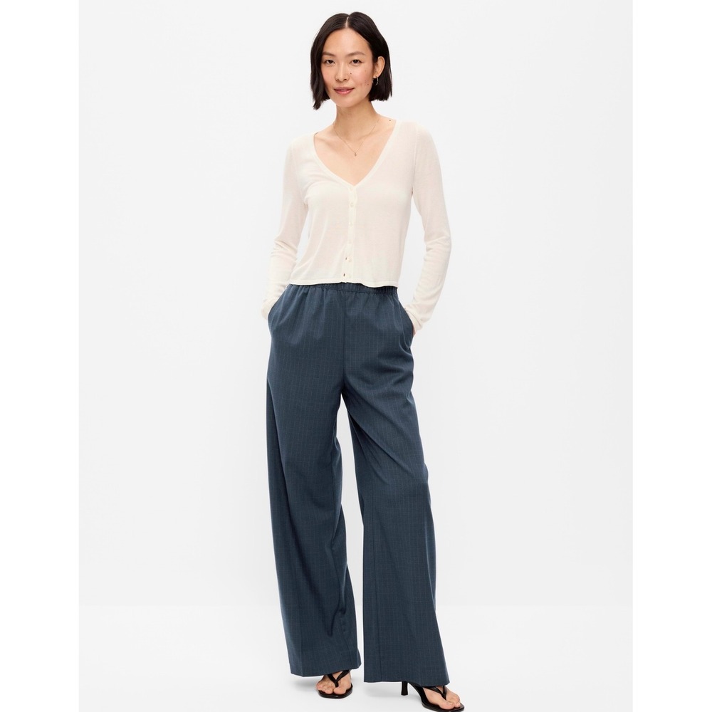 Old Navy Womens High-Waisted Wide-Leg Trouser Pleated Pull-On Pants Blue Medium